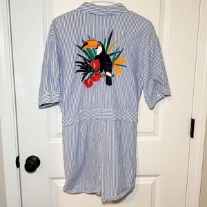 Zara Basic Seersucker Romper Blue White Striped Toucan Embroidery Womens Small